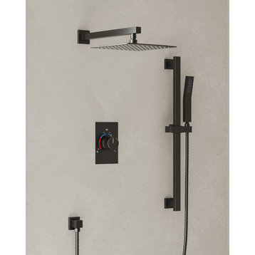 Modern Rain Shower System with Slide Bar Hand Shower Pressure Balance Valve, Matte Black, 10"