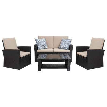 4 Pieces Patio Set, Rattan Covered Frame & Comfortable Cushioned Seats, Black