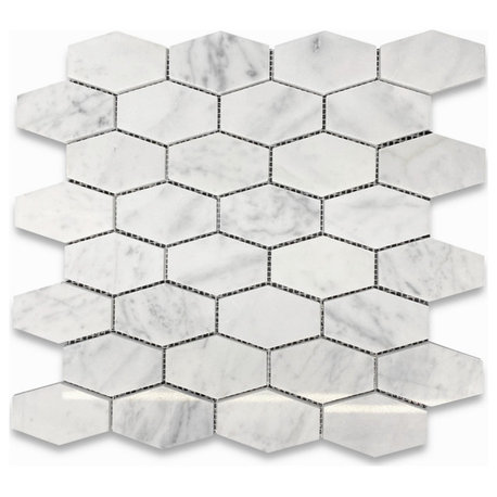 Long Hexagon Carrara Marble Hive Picket Mosaic Tile Polished Venato, 1 sheet