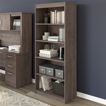 Bestar Logan 5-Shelf Contemporary Engineered Wood Bookcase in Medium Gray Maple