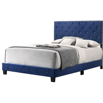Glory Furniture Suffolk Velvet Upholstered Full Bed in Navy Blue