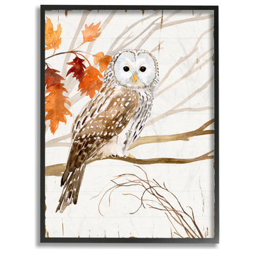 Owl In Autumn Forest Animal Watercolor Painting, 24"x30", Black Frame