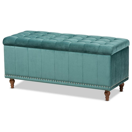 Classic Storage Ottoman, Turned Legs With Velvet Seat & Silver Nailhead, Teal