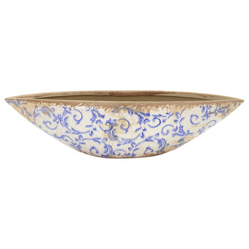 13" Tuscan Ceramic Blue Scroll Decorative Bowl