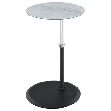 Orbit End Table with Height Adjustable Marble Textured Glass Top, Gray Marble