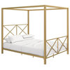 Full Canopy Bed, Metal Frame and Unique Headboard With X- Shaped Details, Gold