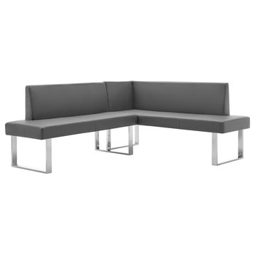 Elegant Dining Bench, L-Shaped Design With Chrome Legs & Gray Faux Leather Seat