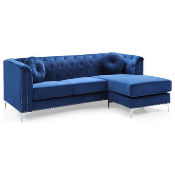 Pemberly Row Contemporary Tufted Velvet Sofa Chaise in Navy Blue