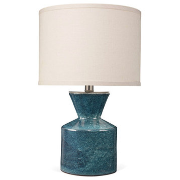 Berkley Table Lamp, Blue Ceramic With Small Drum Shade, White Linen