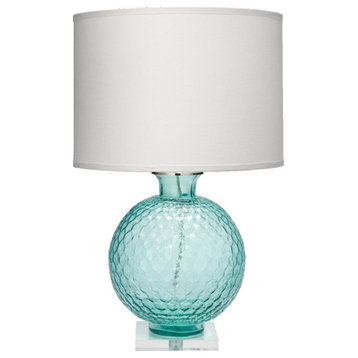 Clark Table Lamp, Aqua With Large Drum Shade, White Linen