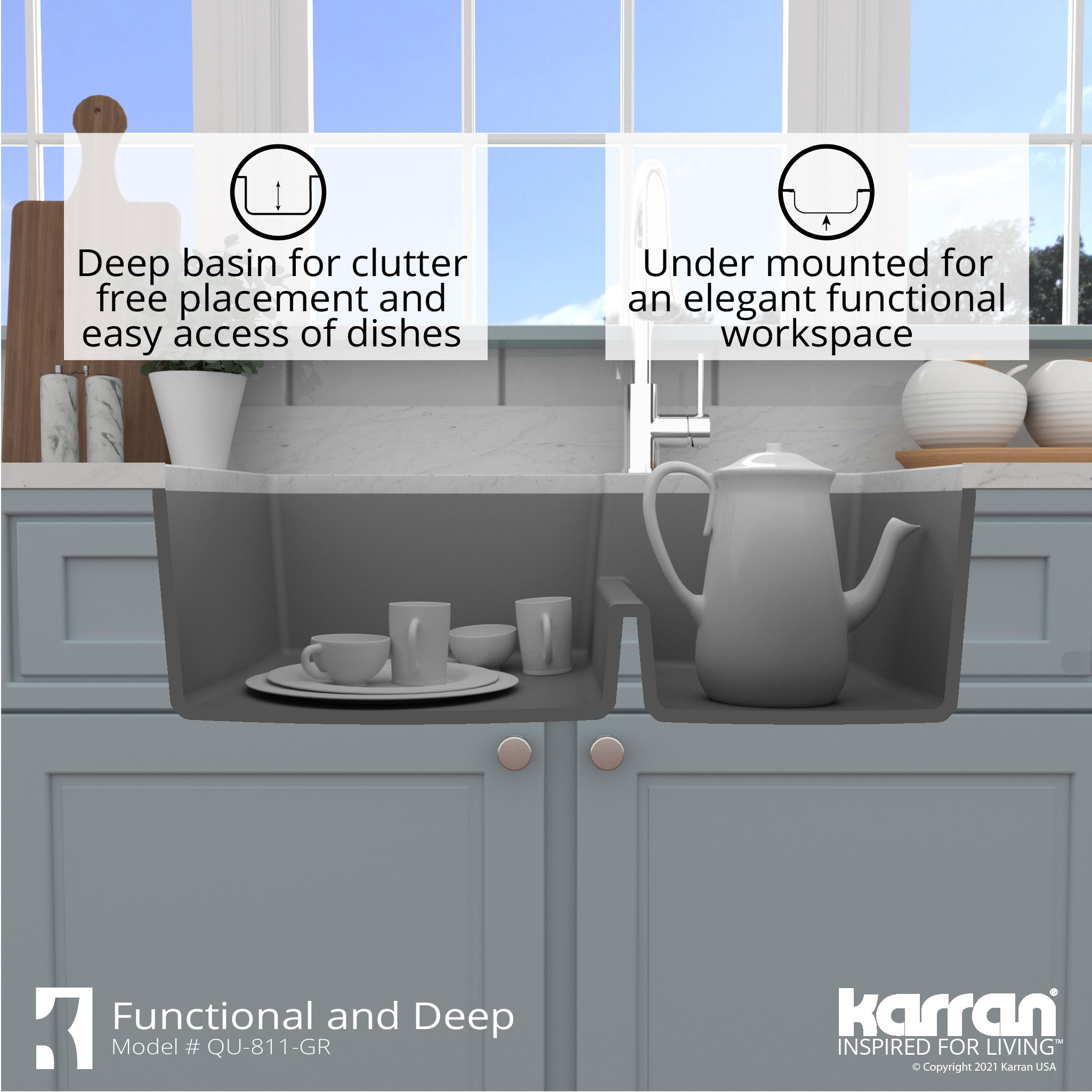 Karran 32" Undermount Large/Small Bowl Quartz Kitchen Sink, Grey