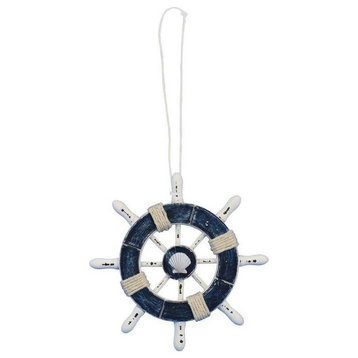 Rustic Dark Blue and White Decorative Ship Wheel With Seashell Christmas Tree