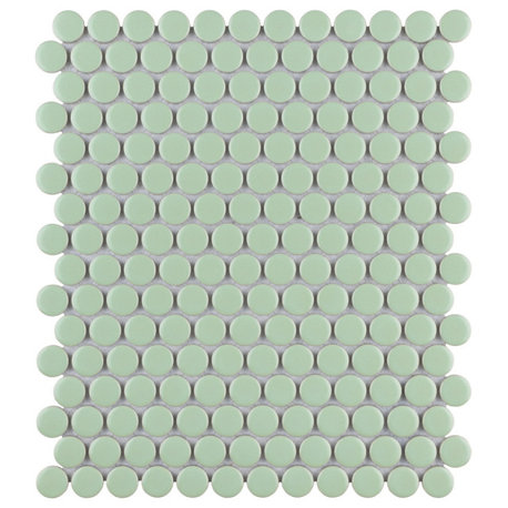 Metro Penny Round Porcelain Mosaic Floor and Wall Tile, Matte Light Green