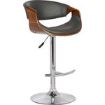 Armen Living - Butterfly Swivel Bar Stool, Walnut and Gray - Add a touch of Mid-Century Modern glamour to your home with the Butterfly Adjustable Height Swivel Grey Faux Leather and Walnut Wood Bar Stool with Chrome Base from Armen Living. High-density foam cushions on the back and seat are wrapped in soft faux leather upholstery. The curved padded medium high back is ideal for posture alignment and an unmatched support for days on end. The adjustable seat height lever allows you to easily find a seat at your kitchen island, peninsula counter, or home bar. The 360-degree swivel motion allows you to easily engage with your friends and family regardless of their place in the room! The walnut wood arms wrap around the bottom of the seat, giving a true Mid-Century Modern feel to the kitchen bar stool. The sturdy chrome pedestal base keeps you firmly planted while the faux leather upholstery makes for easy cleanup, making this the perfect addition to any home! The Butterfly Adjustable Swivel Faux Leather and Walnut Wood Bar Stool with Chrome Base is available with your choice of Grey or Black faux leather upholstery.