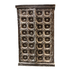 Consigned Rustic Distressed White Antique Wooden Cabinet Brass Medallion Storage