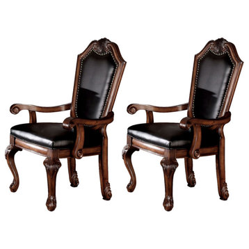 Set of 2 Black PU Upholstered Dining Armchair, Cherry Finish