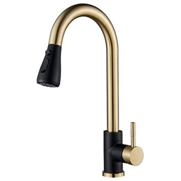 Kitchen Faucet Single Hole Pull Out Spout Kitchen Sink Mixer Tap Stream Sprayer, Black Brushed Gold A