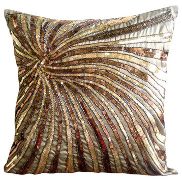 Brown Art Silk 18"x18" Sequins & Beaded Spiral Pillows Cover, Gold Bloom
