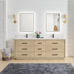 Vinnova Inc - Porto Bath Vanity with White Quartz Stone Top, Natural Oak, 84 in., With Mirror - Transform your bathroom into a haven of style and sophistication with our Porto Series Freestanding Bathroom Vanity a piece that embodies fine craftsmanship and everyday practicality. This exquisite vanity combines the textured warmth and elegance of solid oak with pristine white quartz, resulting in a look that's both inviting and visually captivating. Deep dovetail drawers with partitions allow you to keep your essentials concealed and organized.