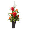 Real Touch Orange Red Tropical Protea Arrangement with Succulents in a Metal Pot