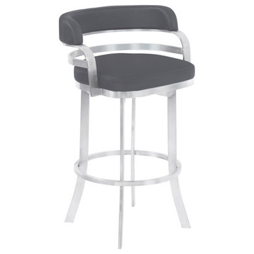 Armen Living Prinz 26" Faux Leather Swivel Counter Stool in Gray/Stainless Steel