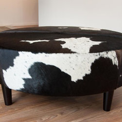 Round Ottoman in Brown and White Cowhide - Footstools And Ottomans