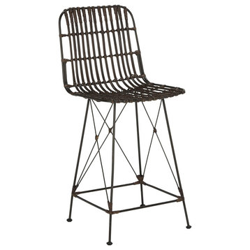 Unique Counter Stool, Metal Construction With X-Accents and Rattan Seat, Brown