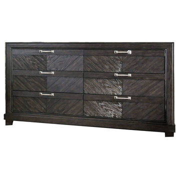 6 Drawer Transitional Style Wooden Dresser With Block Legs, Brown