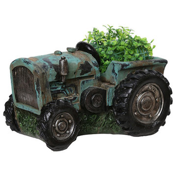 12.25" Distressed Teal and Black Tractor Outdoor Garden Patio Planter