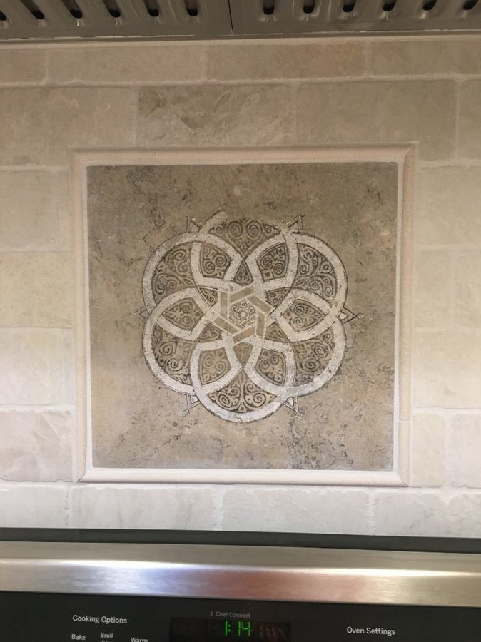 Kitchen Backsplash Tile: Travertine Marble carving & subway tile