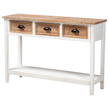 Bethel Farmhouse Rustic Two-Tone White and Oak Brown Wood 3-Drawer Console Table