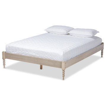 Cielle French Bohemian Antique White Oak Wood King Size Platform Bed Frame
