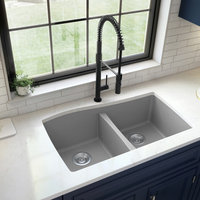 Karran Undermount Quartz 33" 50/50 Double Bowl Kitchen Sink Kit, Grey