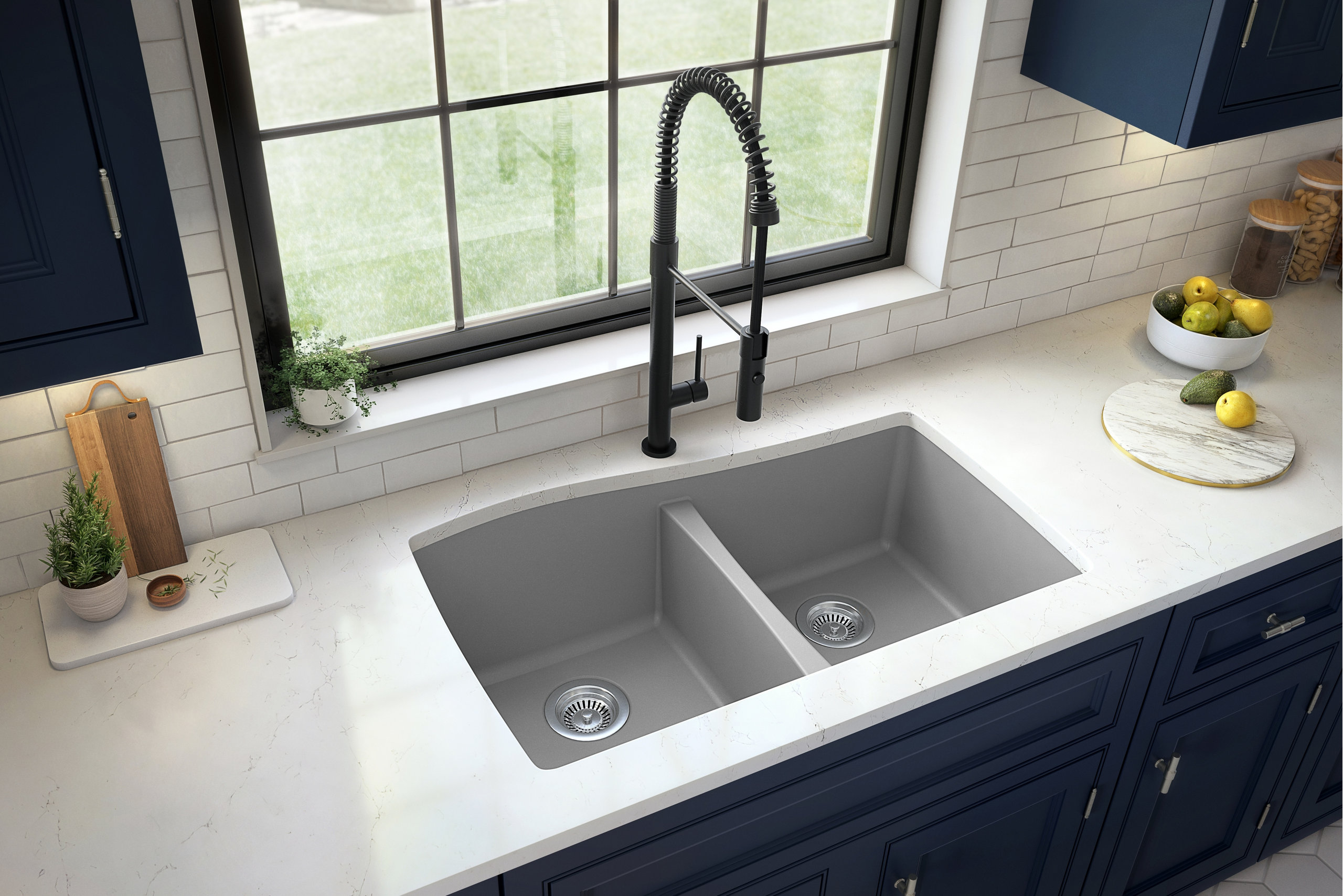 Karran Undermount Quartz 33" 50/50 Double Bowl Kitchen Sink Kit, Grey