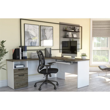 Pemberly Row Modern Wood L Shaped Computer Desk in Walnut Gray/White