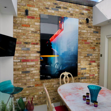 Dining Room with brick wall