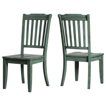 2 Pack Farmhouse Dining Chair, Wooden Seat With Slatted Back, Antique Sage