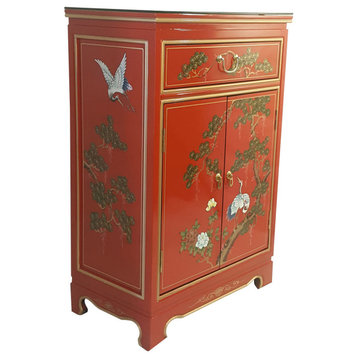 Oriental Shoe Cabinet Hand Painted Red Lacquer, 24"