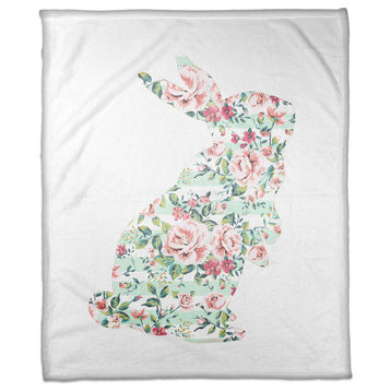 Mint Floral Curious Rabbit Fleece Throw Blanket