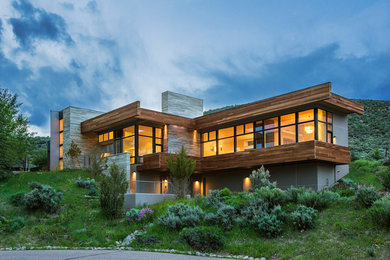 Huge contemporary gray two-story wood flat roof idea in Denver