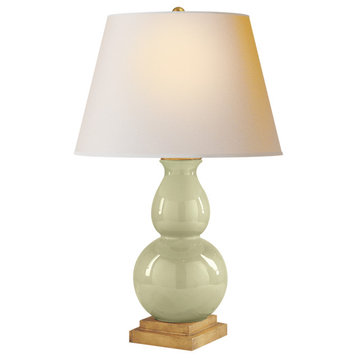 Gourd Form Small Table Lamp in Celadon Crackle with Natural Paper Shade