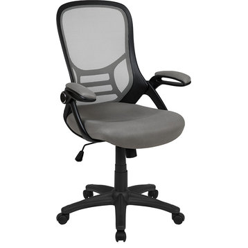 High Back Light Gray Mesh Ergonomic Swivel Chair, Black Frame, Flip-up Arms