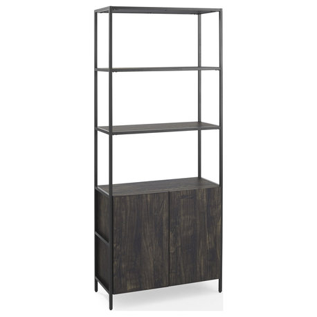 Industrial Bookcase, Open Design With Lower Cabinet & Open Shelves, Brown Ash
