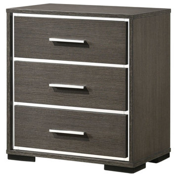 Modern Nightstand, 3 Storage Drawers With Acrylic Trim Accent, Gray Oak Finish