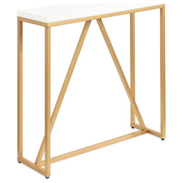 Modern Glam Console Table, Triangular Accented Golden Base With Satin White Top