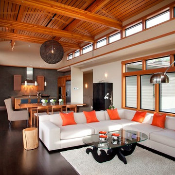 Vaulted living space anchored by kitchen