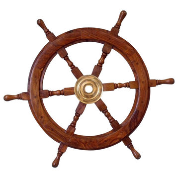 Decorative Wooden Ship Wheel, Brass and Wood, 30"