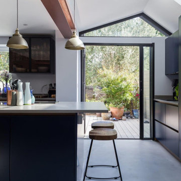 Modern copper and blue kitchen