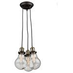 Artcraft Lighting - Edison 3-Light Vintage Brass Chandelier - Retro in style, and elegant by design, the "Edison" collection features a bulb shaped clear glass held by socket covers that are matte black and vintage brass in color. To go with the flow and match the styling, the wires have black textile covers, complimented with a matte black canopy. Multiple sizes available.