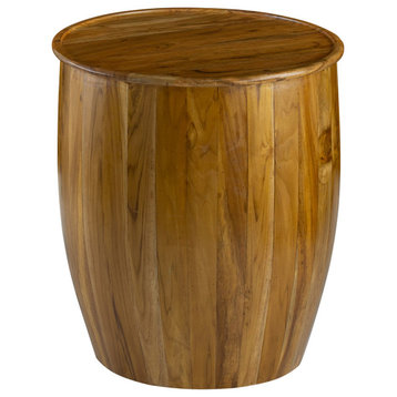Benzara Round Accent Side Table, Mango Wood, Barrel Shape, Classic Brown